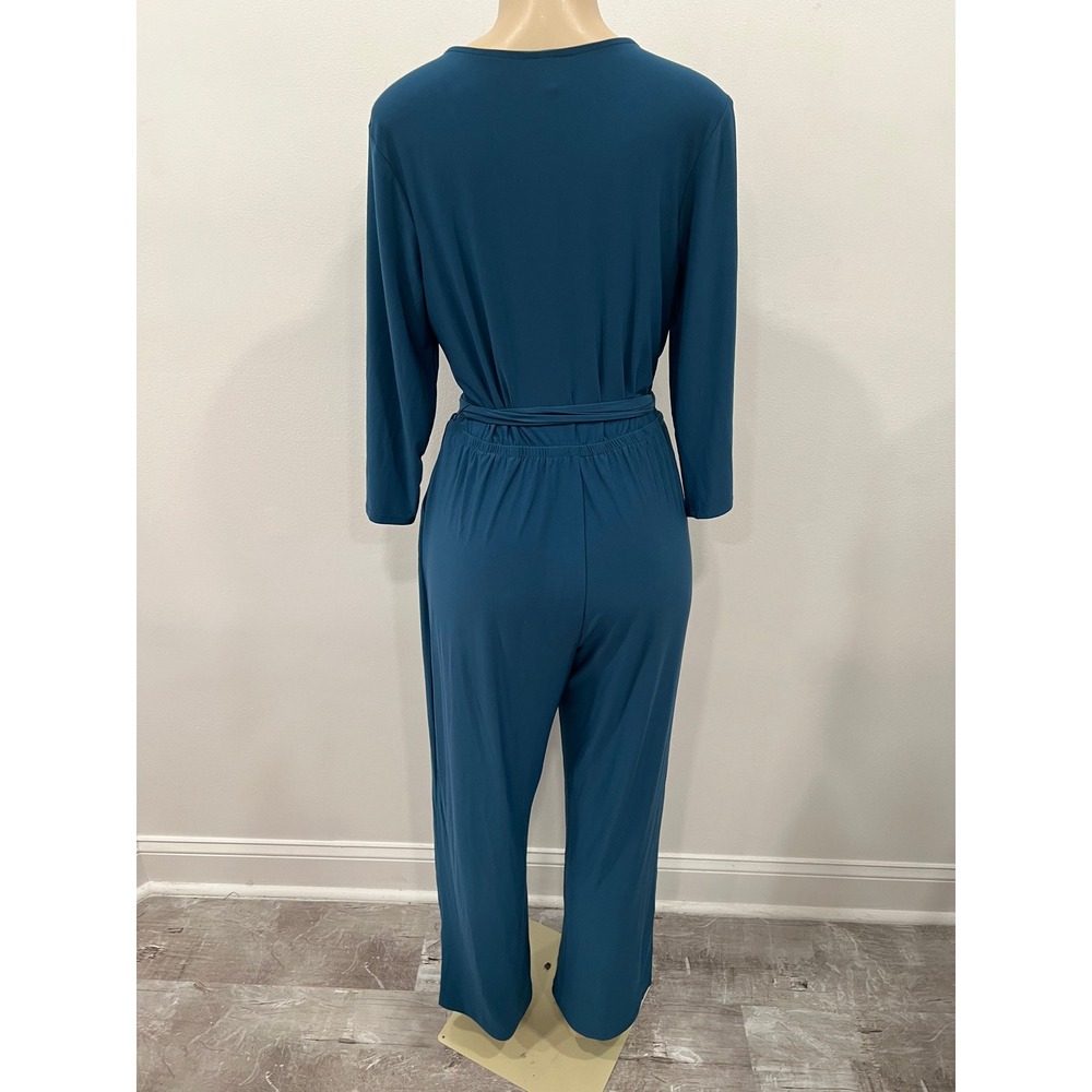 NY Collection Petite Jumpsuit Womens PL Teal Blue Wrap V-Neck Casual Elegant NWT - Picture 3 of 16
